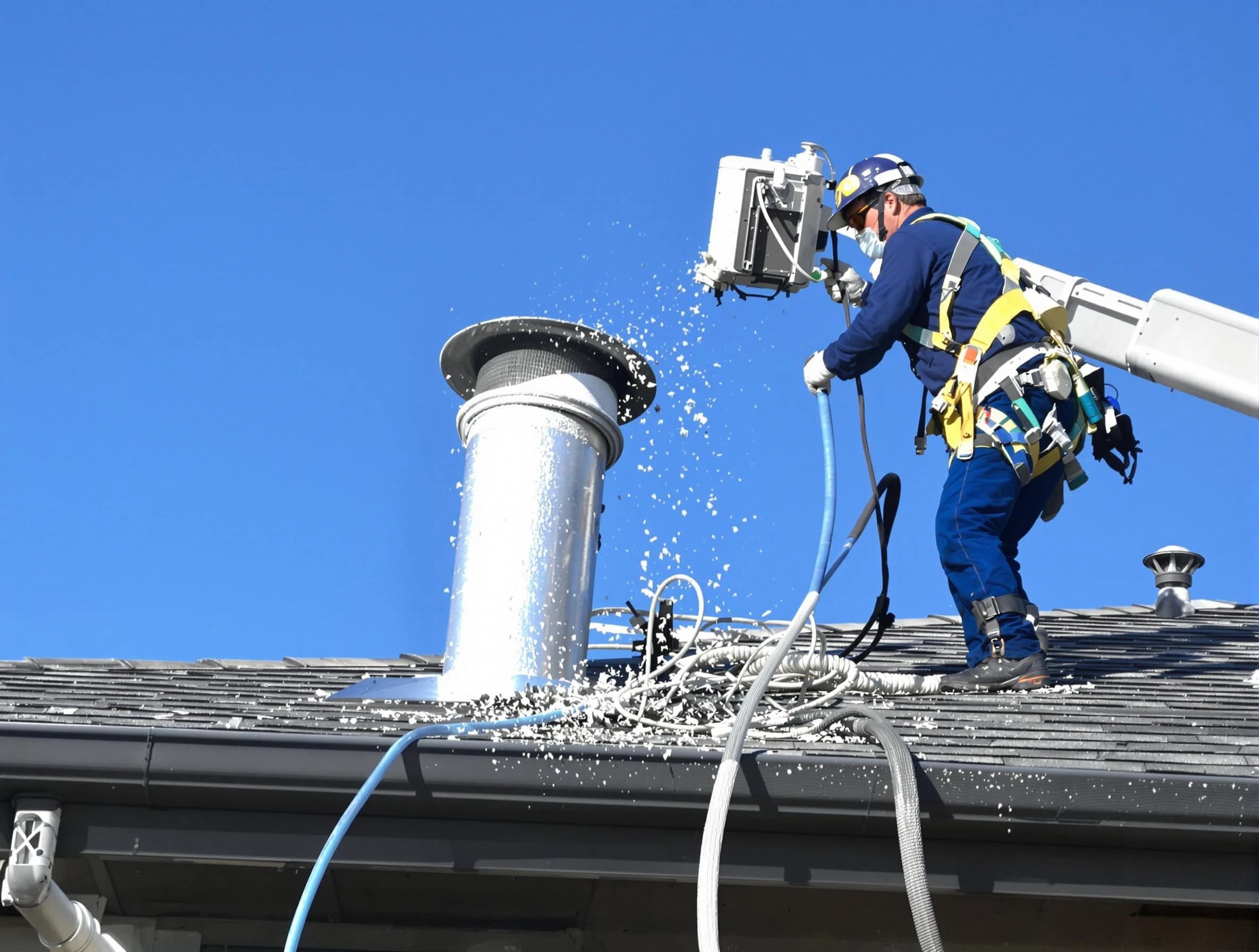 Douglasville Dryer Vent Cleaning certified technician safely cleaning a roof-mounted dryer vent in Douglasville