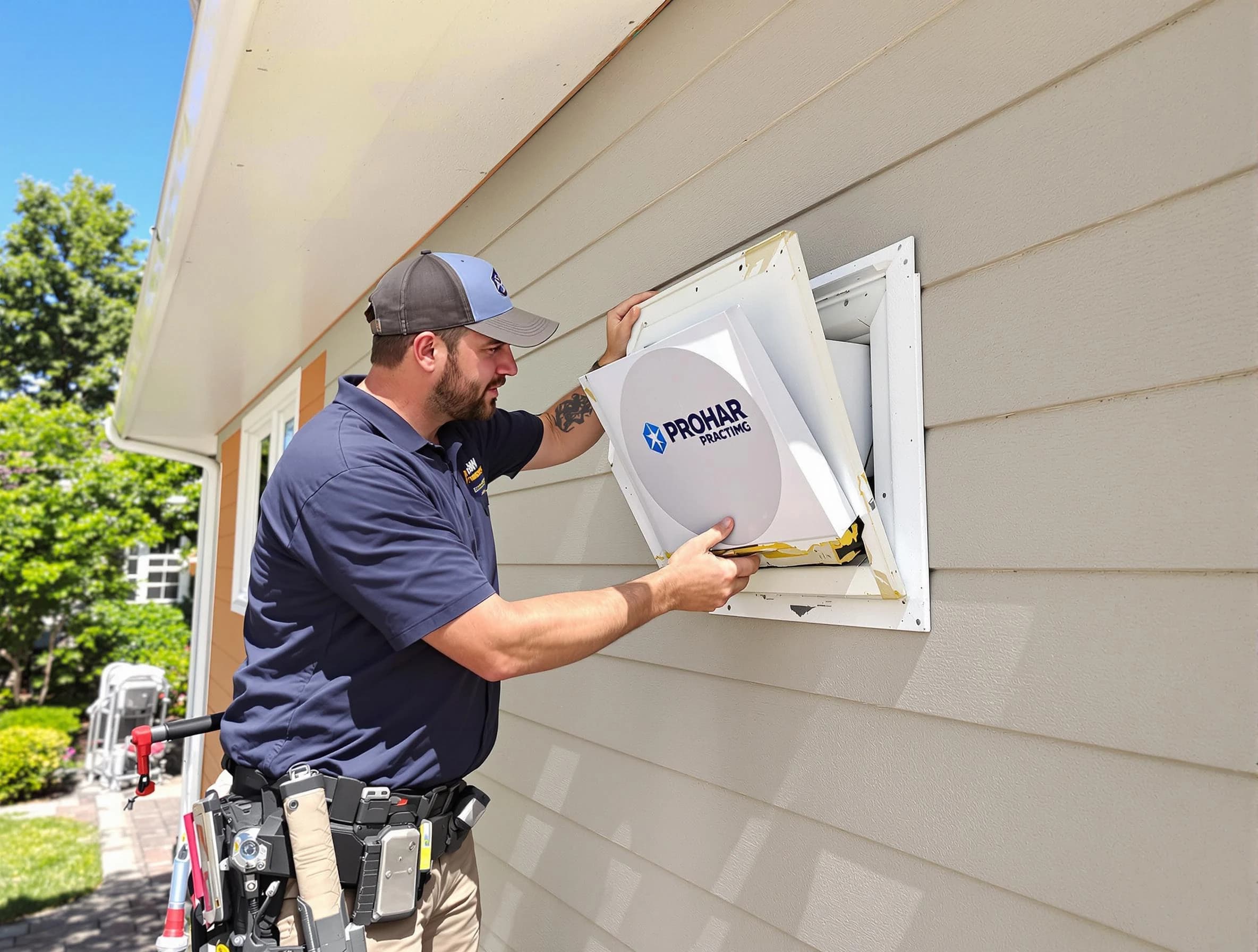 Douglasville Dryer Vent Cleaning technician installing a new protective dryer vent cover on a home in Douglasville