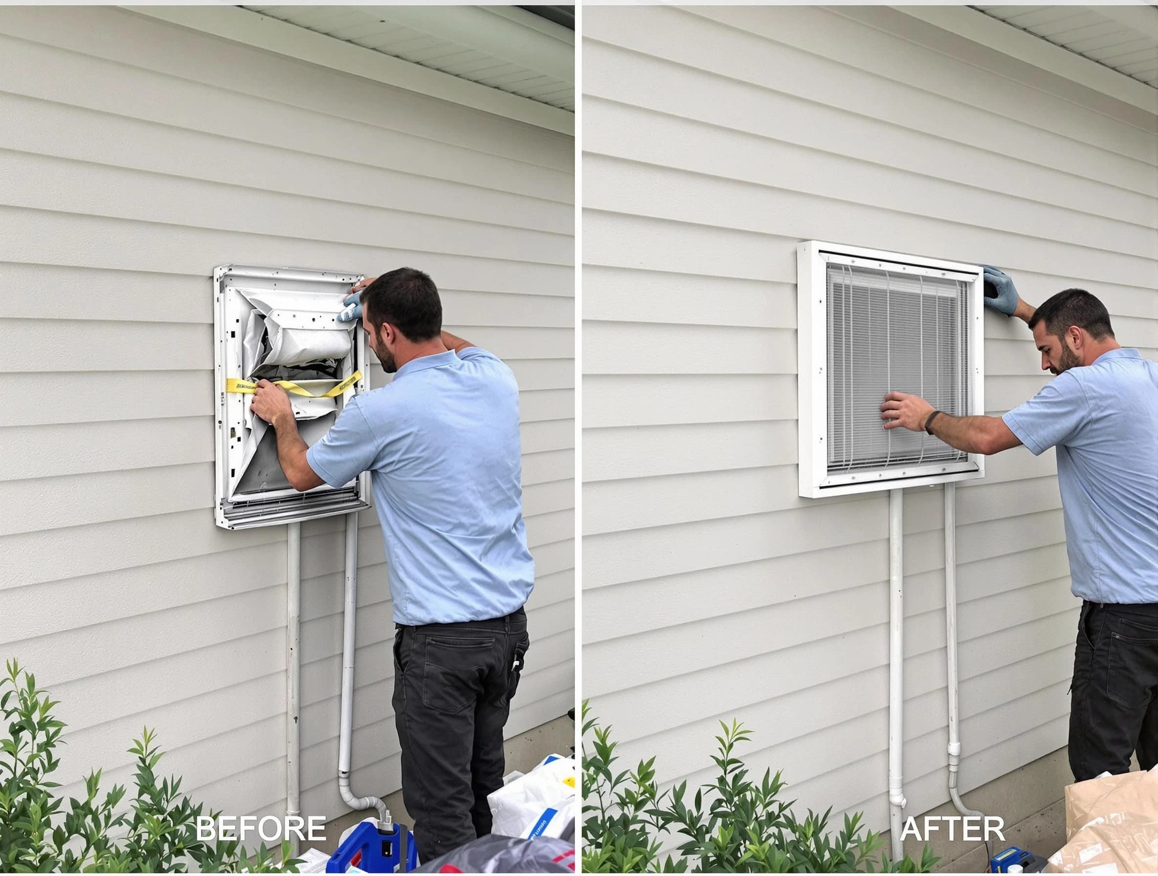 Douglasville Dryer Vent Cleaning technician installing high-quality dryer vent cover at a residential property in Douglasville